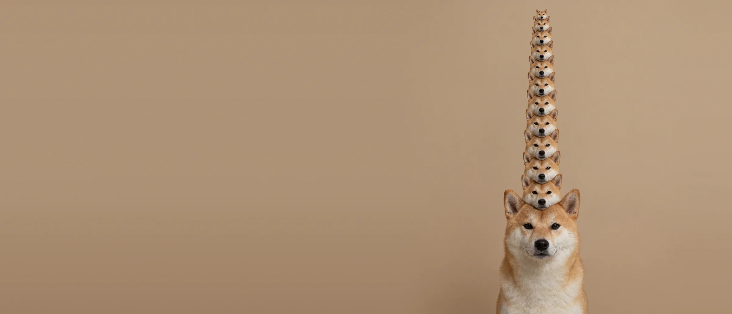 Compound Inu, a Shiba Inu sitting in a beige studio with a tall tower of smaller Shiba Inu heads balanced on his head