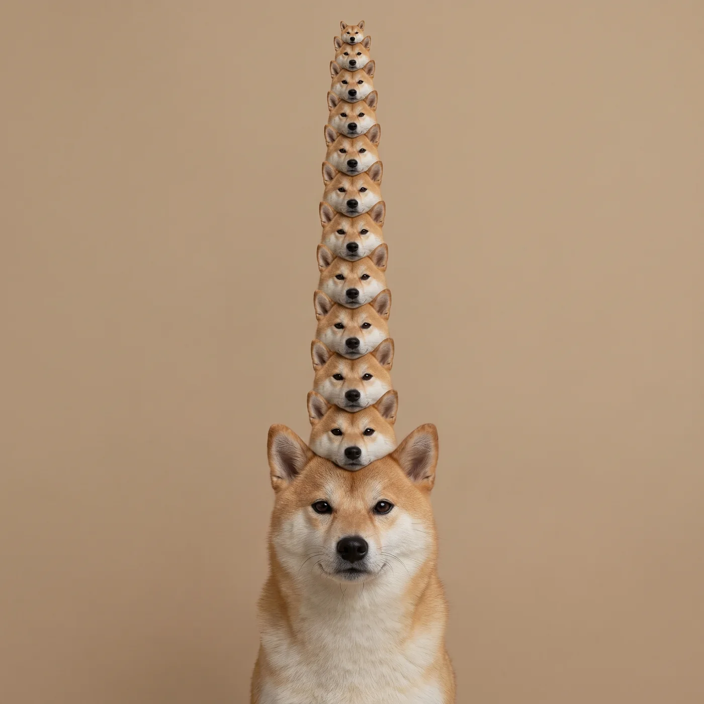 Compound Inu portrait: the tower of Shiba Inu heads, seen straight on